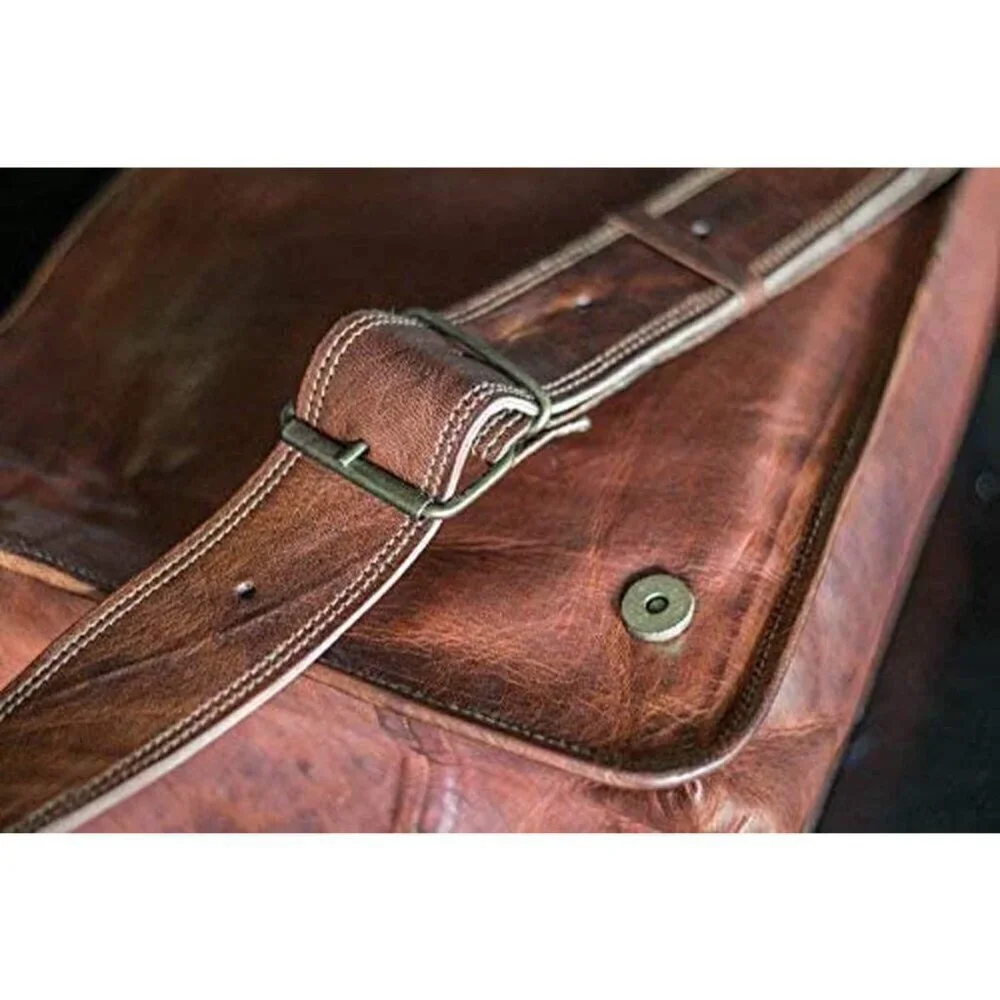 💫 Men Brown Leather Full Flap Handmade Laptop Satchel Padded Messenger Bag